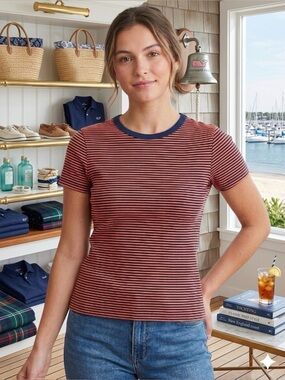 Vineyard Vines XS Orange Navy Striped Ringer Tee Coastal Grandma Nautical Preppy